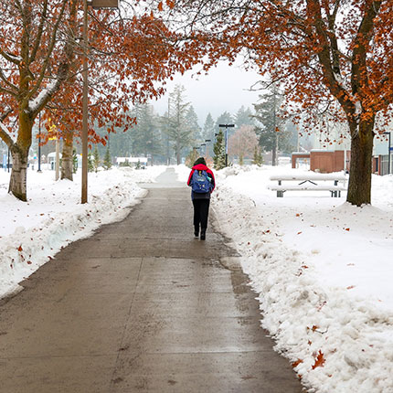 A person walking on a cleared sidewalk on a snowy day at Spokane Falls Community College. 